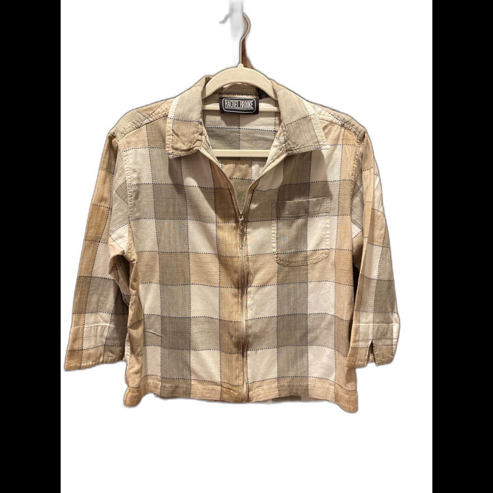 Rachel‎ Brooke Cropped Jacket Sz Large 100% Cotton Checked Distressed Tan Cream